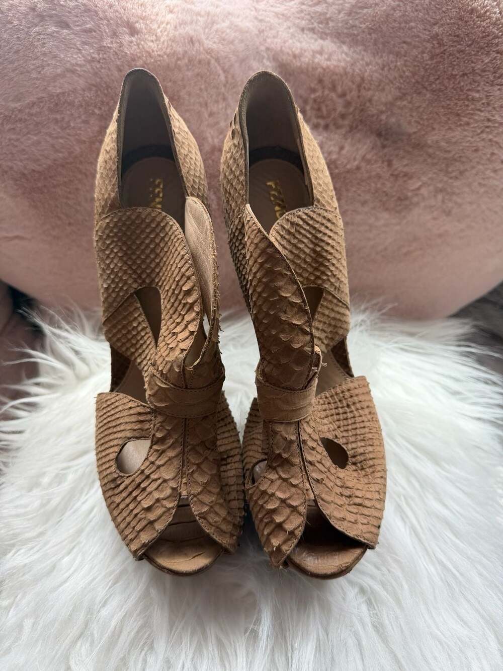 Fendi Size 40 Tan Snakeskin Platform Peep Toe Heels